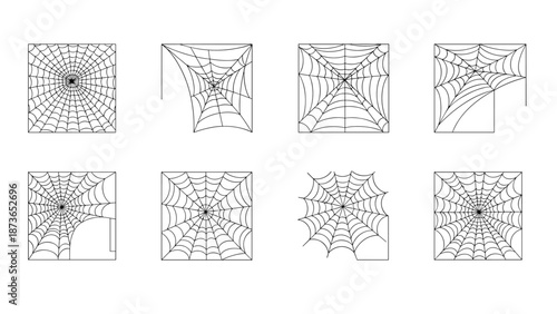 Various spider web patterns in outline style illustrating different shapes and complexities for halloween or nature themes.