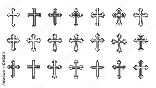 Extensive collection of decorative christian cross designs in various artistic outline styles for religious contexts.