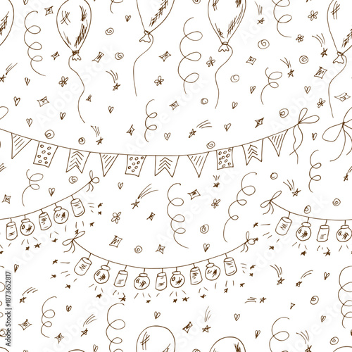 Vector seamless pattern of sketches and line doodles Celebratory attributes: balloons, garlands with flashlights and buntings flags, serpentine and confetti. Festive background. Holiday Wallpaper.
