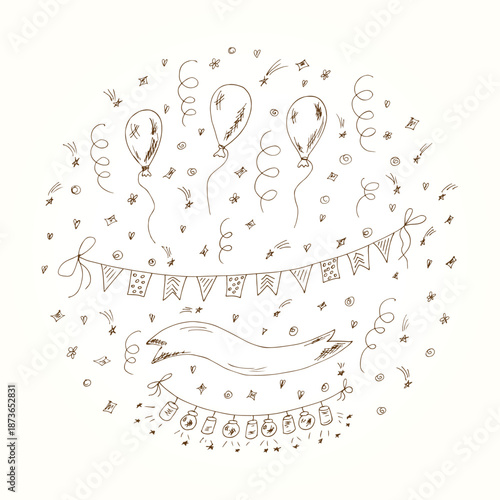 Vector Collection of Hand drawn Celebratory elements: balloons, garlands with flashlights and buntings flags, serpentine and confetti. Festive Invitation card template.