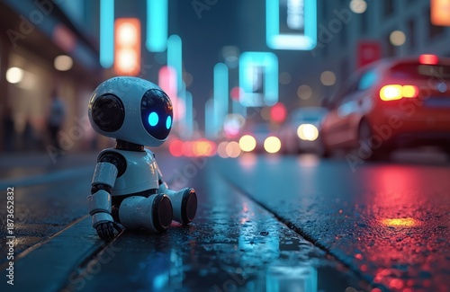 Wallpaper Mural A small robot sits on a wet city street at night. Bright lights blur in the background forming bokeh. The futuristic scene shows modern tech urban setting. Torontodigital.ca