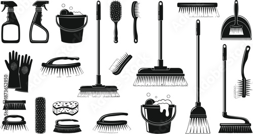 Collection of detailed cleaning tools and equipment illustrations including brushes, mops, spray bottles, gloves, and buckets perfect for housekeeping and sanitation designs