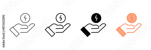 Set of minimalist energy payment icons with transparent background, depicting electricity cost, power savings, financial concepts for utilities, and green energy solutions, vector illustration