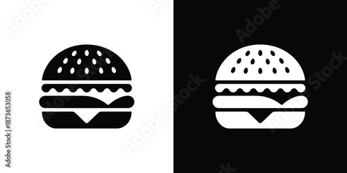 Isolated Burger Icon Bun with Seeds, Lettuce and Meat in Black and White