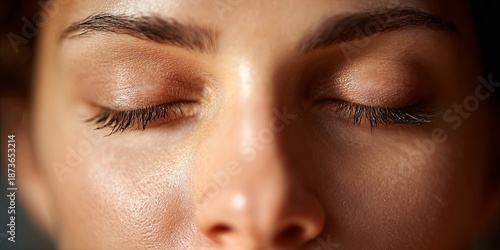 Close-up on a person s eyes gently closed with a look of deep serenity, soft, flattering light, emphasizing peaceful inner state and rest, portrait orientation.