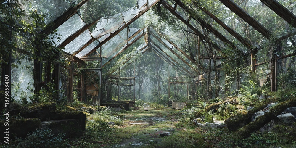 Naklejka premium Overgrown, neglected forest greenhouse, glass shattered, nature reclaiming structure, decay, dystopian nature, photo illustration style.