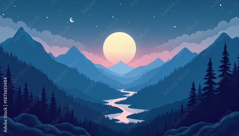 Fototapeta premium Night scene cartoon landscape illustration. Nature panorama view with blue mountains under starry sky. Crescent moon, big sun above river among forest with spruces. Travel banner background scenery