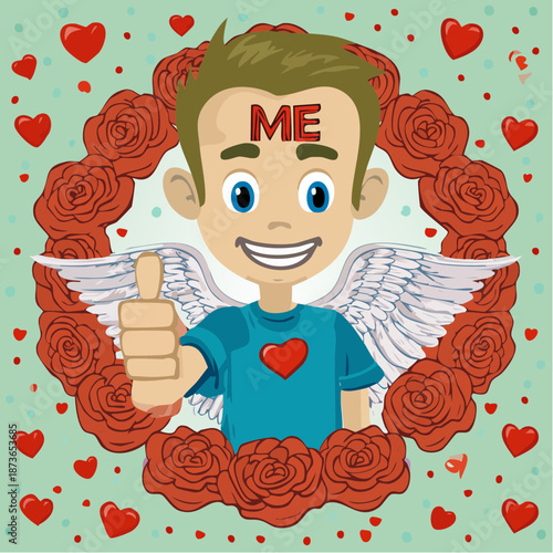 Cartoon man angel with heart and roses valentine.