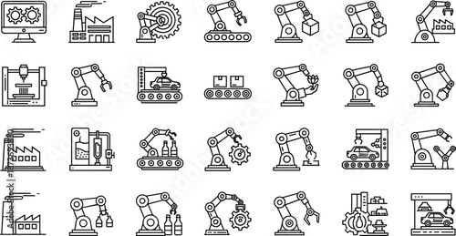Set of industrial automation and smart factory icons featuring robotic arms, assembly lines, car manufacturing, 3D printing, and factory buildings for technology and engineering designs.