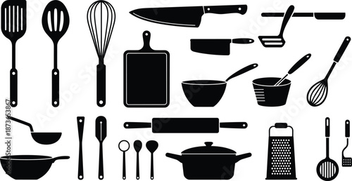 Kitchen utensil silhouette set, cooking tools collection with knife whisk pan pot, black vector illustration isolated on white