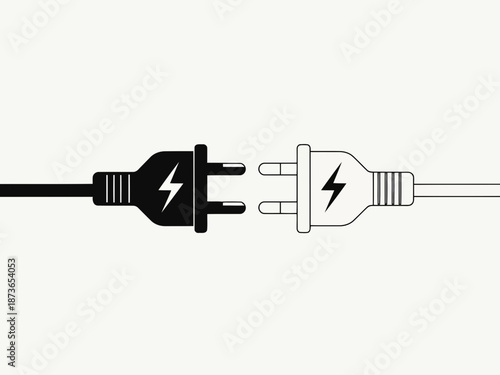 Black electric plug and socket symbols with connection diagram illustration