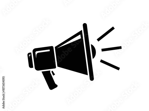 Black and white megaphone icon symbolizing announcement or public speaking