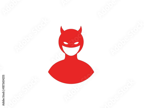 Red devil icon with sharp horns and menacing expression in flat design style