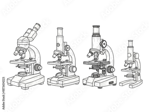 Collection of vintage monocular and binocular compound microscopes for scientific use