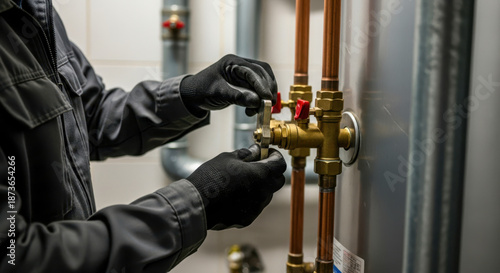 Wallpaper Mural Professional plumber fixes water heater. Plumber in black gloves installs repairs copper water pipe connected to tank. Efficient plumbing service. Expert technician works accurately Torontodigital.ca