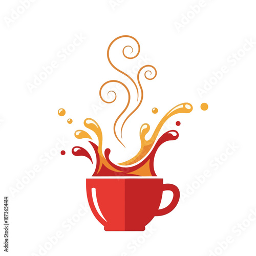 Red coffee cup with dynamic splash and steam illustration