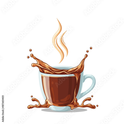 Hot coffee splash in glass mug with steam, isolated on white background