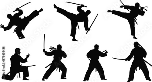 Ninja warrior silhouettes performing sword combat, kicks, and dynamic martial arts techniques, isolated black vector illustration for action, fighting, and samurai concepts