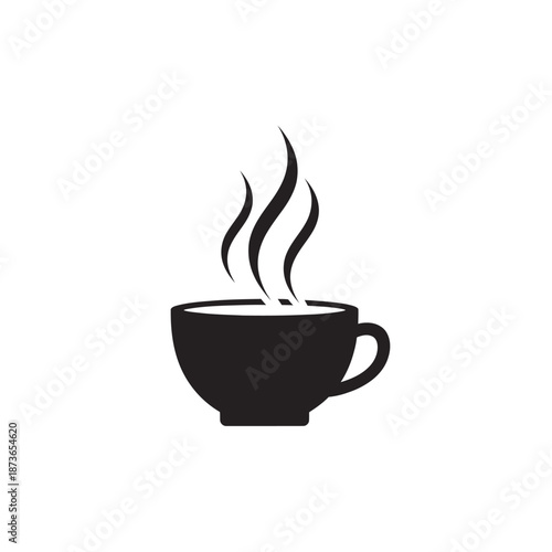 Black silhouette of a steaming coffee cup on a white background, simple icon