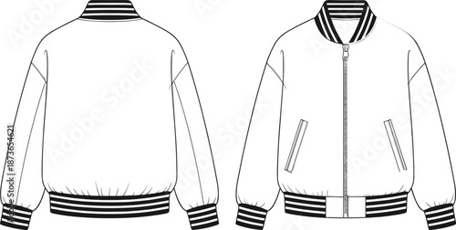 Oversized Baseball Bomber Jacket Technical Fashion Flat Sketch Template Vector Illustration Front and Back View Zippered Apparel Design