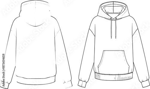 Oversized drop shoulder pullover hoodie vector technical fashion flat sketch template with drawstring hood kangaroo pocket.