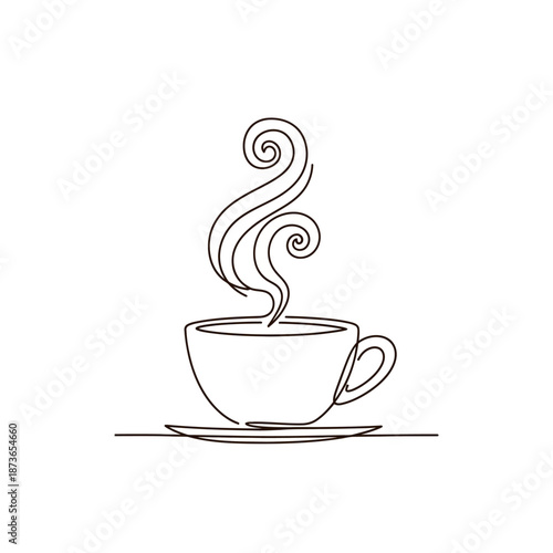 Minimalist line art of a steaming coffee cup on a saucer