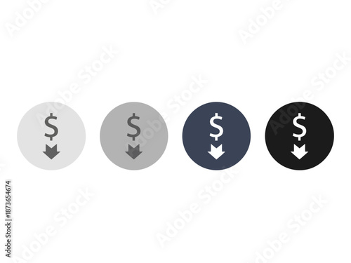 Set of circular icons with dollar sign and downward arrows on varied backgrounds