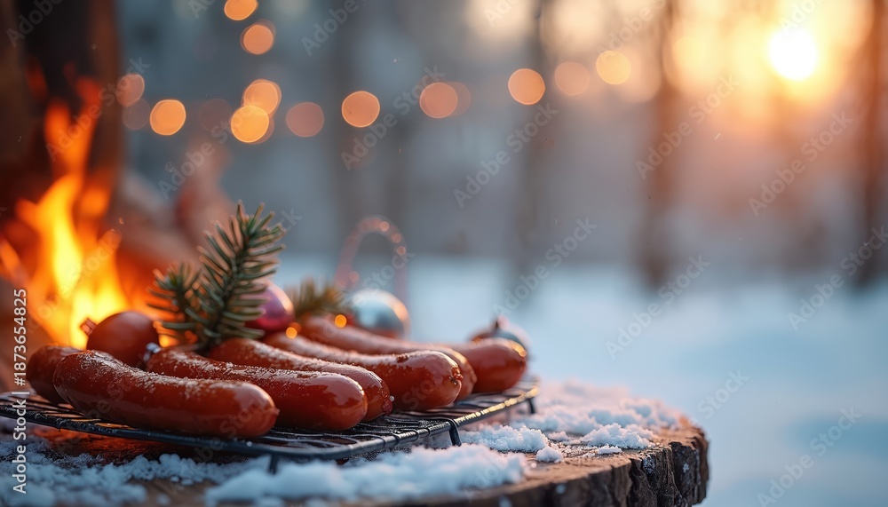 Fototapeta premium Grilled sausages rest on a grate near a fire in snowy winter. Festive ornaments and pine branches adorn the scene. Warm bokeh lights twinkle in soft focus, suggesting a holiday gathering.