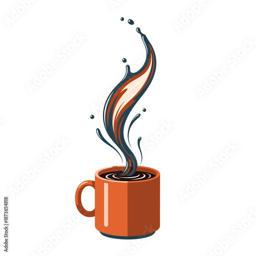 Dynamic Coffee Splash Art from Orange Mug, Warm Beverage Burst