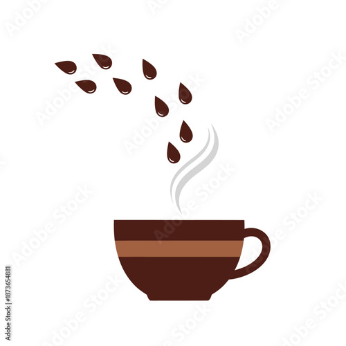 Hot Coffee Cup with Falling Beans and Steam - Vector Illustration