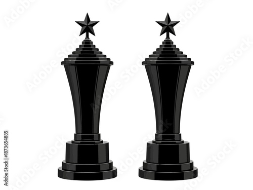 Pair of black chess rooks with star finials on top in classic design