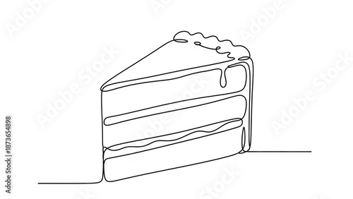 Simple black and white continuous line drawing illustrating a triangular slice of layered cake with dripping icing, isolated digitally on a clean white background.