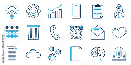 vector business icons or symbol set in dark blue with bright blue accents, phone, mail, clock, trash bin, gears, calendar, heart, office building, light bulb, idea isolated on white or transparent png