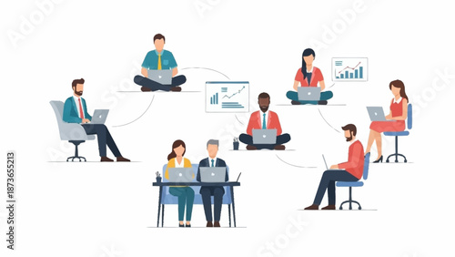 Diverse professionals collaborating remotely on laptops, connected by a network, analyzing data and working efficiently.