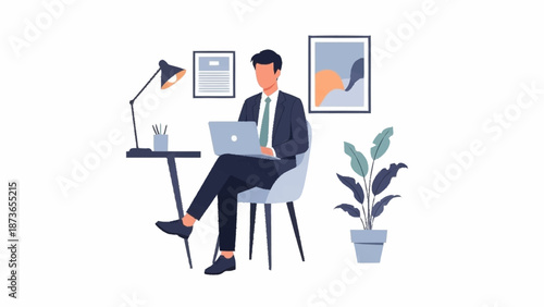 A professional man in a suit working on a laptop at a desk in a modern home office setting.