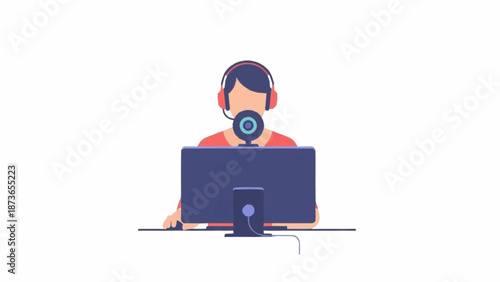 An illustrated person wearing a headset and using a computer with a webcam, engaged in online communication or gaming.