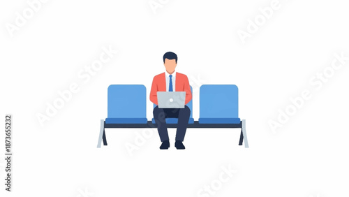 A businessman in a red tie sits on a blue bench, diligently working on his laptop in a minimalist illustration.