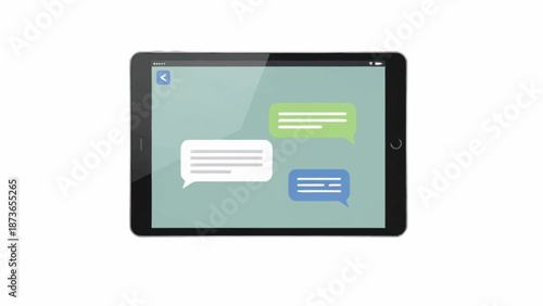 A modern tablet device displaying a digital messaging application interface with multiple colored text bubbles on screen.