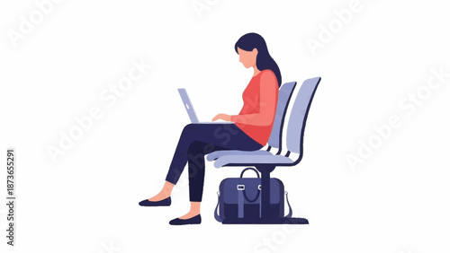 Illustrated woman working remotely on a laptop while seated on a modern public-style chair, with a business bag nearby.