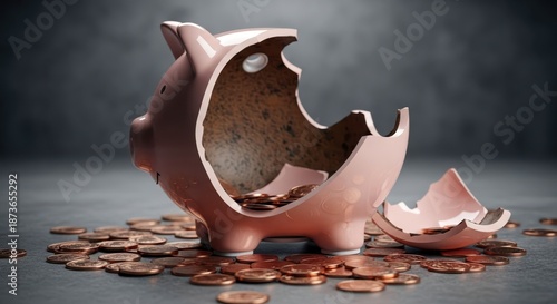 Wallpaper Mural Broken piggy bank empty space, scattered coins. Ceramic pieces around opening. Financial loss bad investment concept. Dark background. Represents savings investment failure. Torontodigital.ca