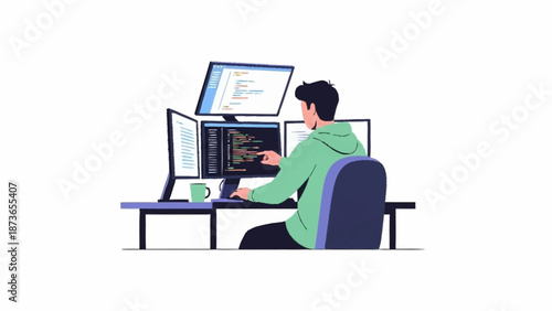 An individual programmer focused on coding at a desk with several computer screens showing software development.