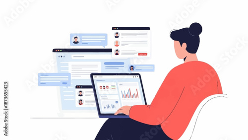 An illustrated person works on a laptop, surrounded by numerous floating digital screens displaying data dashboards, user profiles, and online communication interfaces.