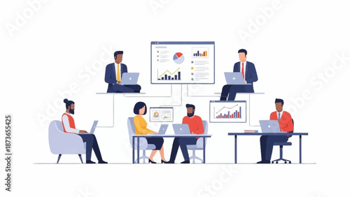 Diverse professionals collaborating remotely, analyzing business data and intelligence on laptops connected to various screens.