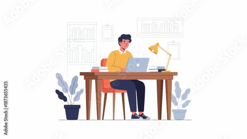 Young man working on a laptop at a wooden desk in a modern home office with plants.