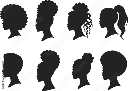 Women hairstyle silhouettes set, female profile heads with ponytail bun afro curls, black beauty salon vector icons collection
