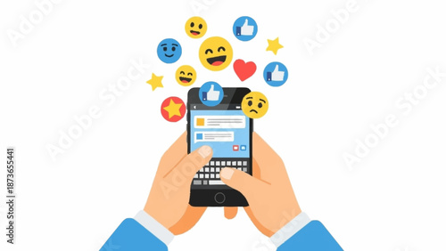 User's hands interacting with a smartphone, surrounded by a vibrant burst of diverse social media emojis representing online communication and reactions.