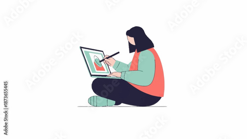 An illustrated person sitting on the floor, focused on digital design work using a laptop and stylus.