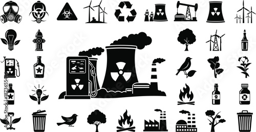 Collection of environmental, industrial, renewable energy, pollution, recycling, and ecological icons including factories, nuclear plants, wind turbines, gas masks, and nature symbols