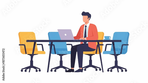 An illustrated professional man in a suit working on a laptop at a modern conference table with colorful office chairs.