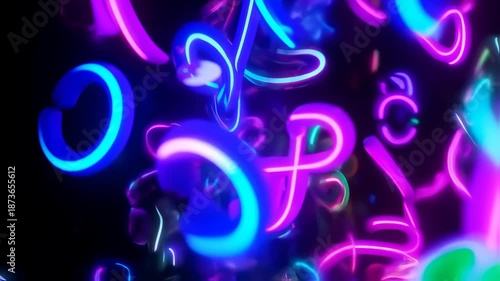 Abstract neon shapes, glowing in purple, blue, and green against a black backdrop, blurry